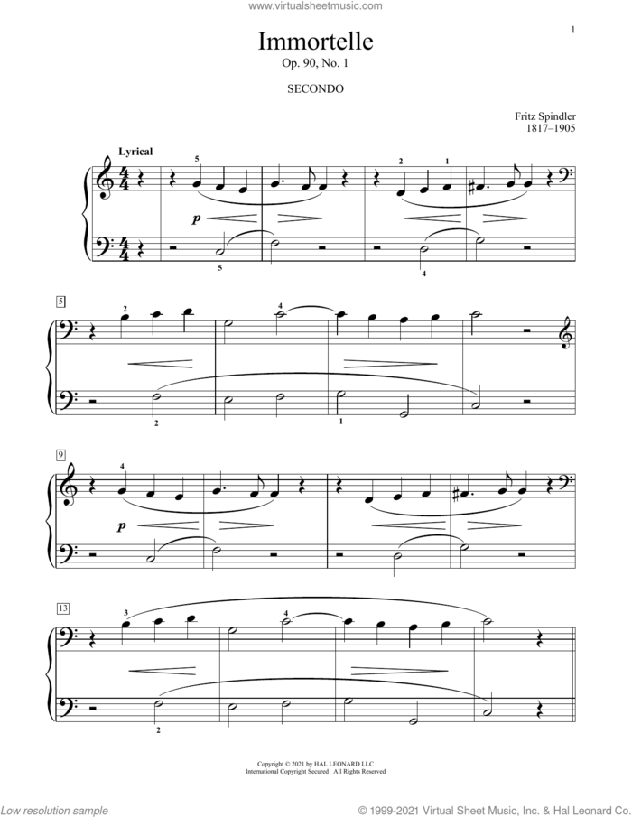 Immortelle, Op. 90, No. 1 sheet music for piano four hands by Fritz Spindler, Bradley Beckman and Carolyn True, classical score, intermediate skill level