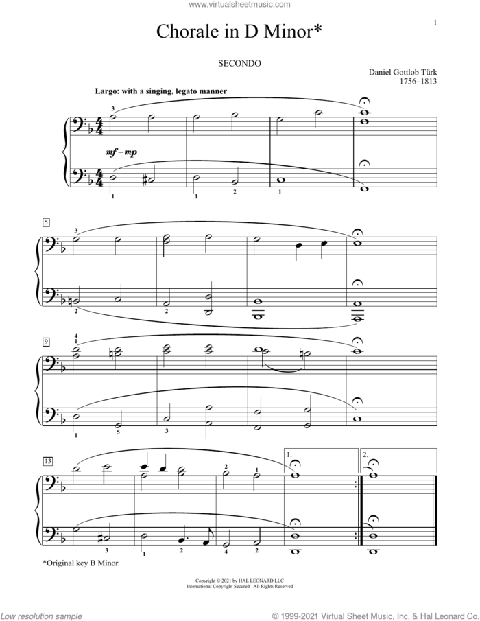 Chorale In D Minor sheet music for piano four hands by Daniel Turk, Bradley Beckman and Carolyn True, classical score, intermediate skill level