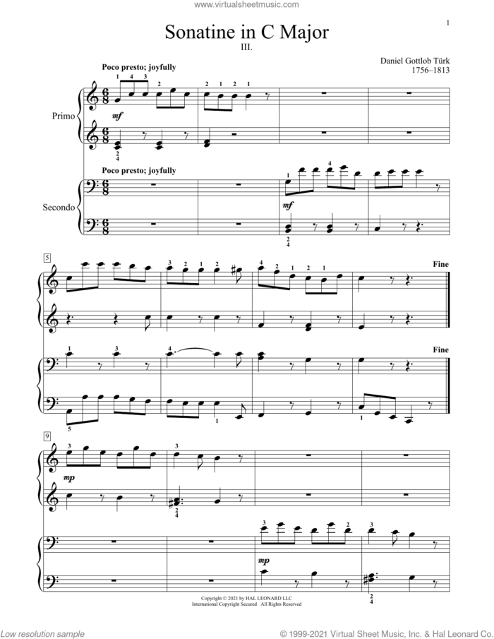 Sonatine In C Major sheet music for piano four hands by Daniel Gottlob Turk, Bradley Beckman and Carolyn True, classical score, intermediate skill level