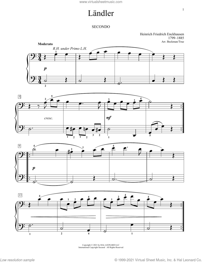 Landler sheet music for piano four hands by Heinrich Enckhausen, Bradley Beckman and Carolyn True, classical score, intermediate skill level