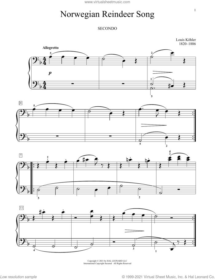 Norwegian Reindeer Song sheet music for piano four hands by Louis Kohler, Bradley Beckman and Carolyn True, classical score, intermediate skill level