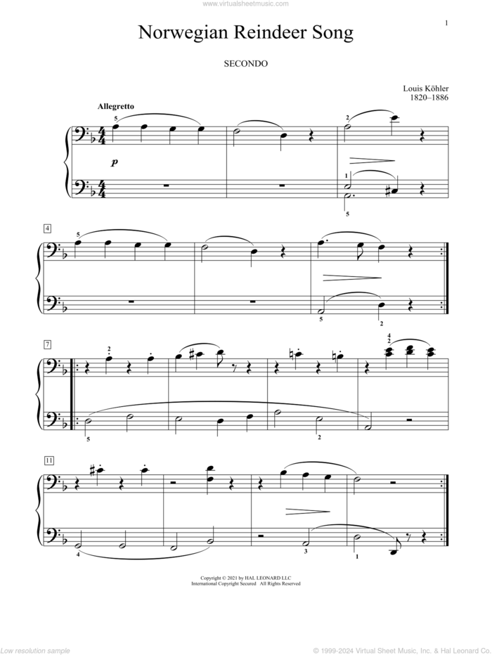 Norwegian Reindeer Song sheet music for piano four hands by Louis Kohler, Bradley Beckman and Carolyn True, classical score, intermediate skill level