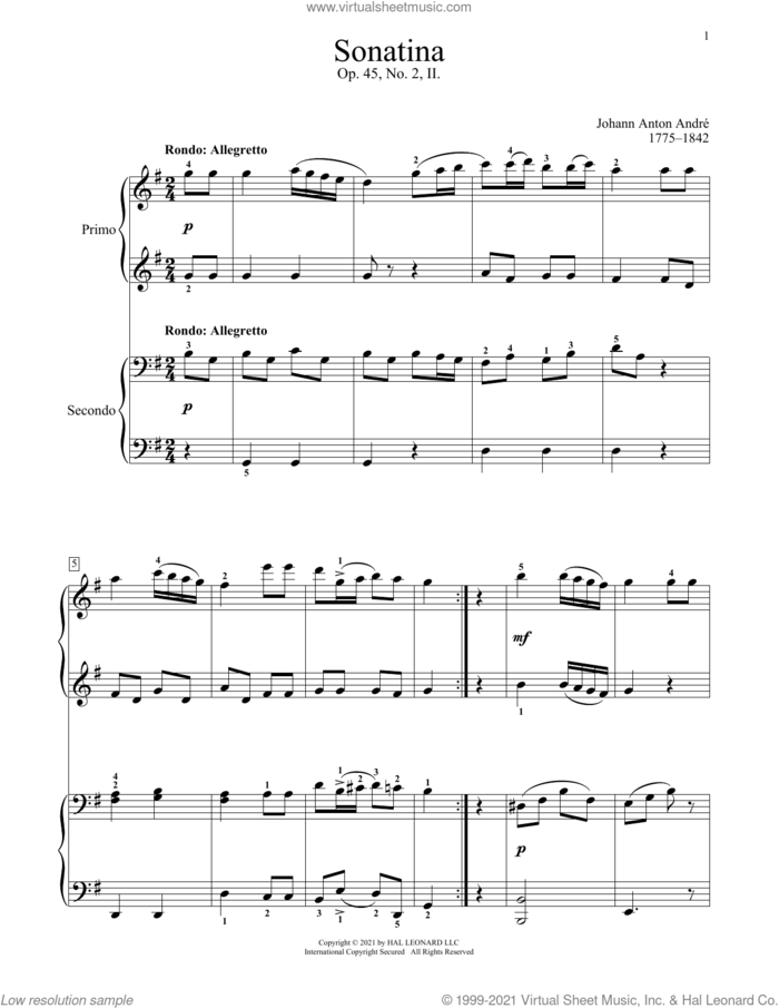 Sonatina, Op. 45, No. 2 (II. Rondo) sheet music for piano four hands by Johann Anton Andre, Bradley Beckman and Carolyn True, classical score, intermediate skill level