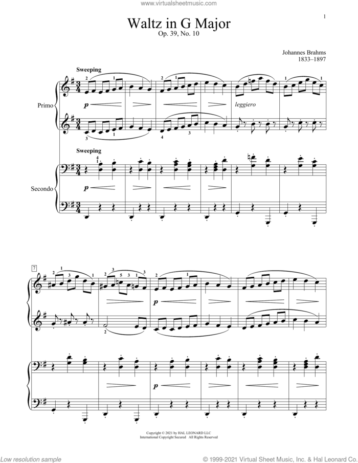 Waltz In G Major, Op. 39, No. 10 sheet music for piano four hands by Johannes Brahms, Bradley Beckman and Carolyn True, classical score, intermediate skill level