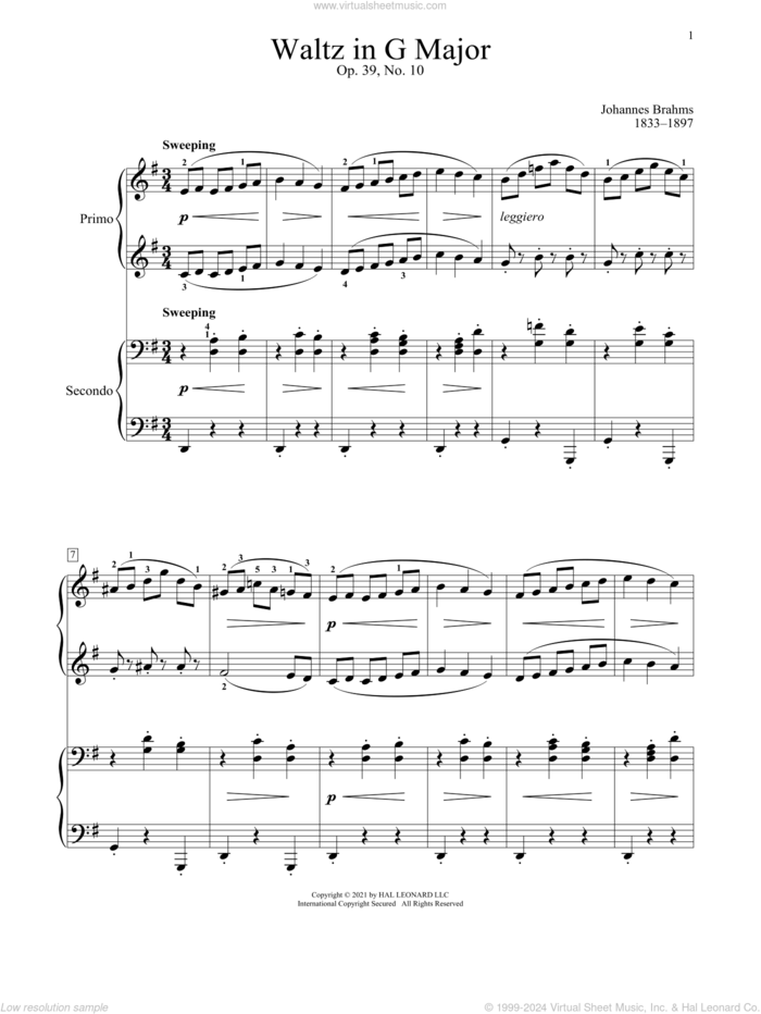 Waltz In G Major, Op. 39, No. 10 sheet music for piano four hands by Johannes Brahms, Bradley Beckman and Carolyn True, classical score, intermediate skill level