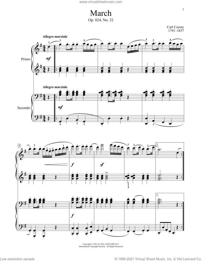 March, Op. 824, No. 32 sheet music for piano four hands by Carl Czerny, Bradley Beckman and Carolyn True, classical score, intermediate skill level