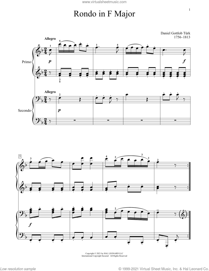 Rondo In F Major sheet music for piano four hands by Daniel Gottlob Turk, Bradley Beckman and Carolyn True, classical score, intermediate skill level