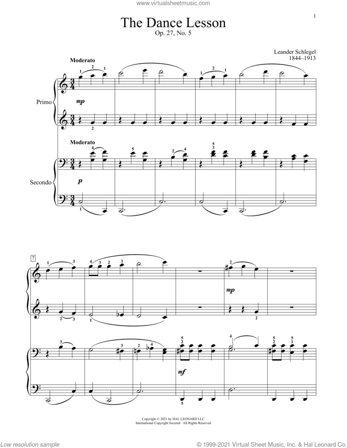 The Dance Lesson, Op. 27, No. 5 sheet music for piano four hands by Leander Schlegel, Bradley Beckman and Carolyn True, classical score, intermediate skill level
