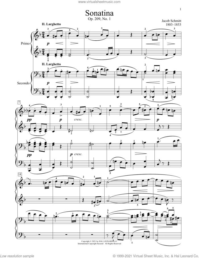 Sonatina, Op. 209, No. 1, II. Larghetto sheet music for piano four hands by Jacob Schmitt, Bradley Beckman and Carolyn True, classical score, intermediate skill level