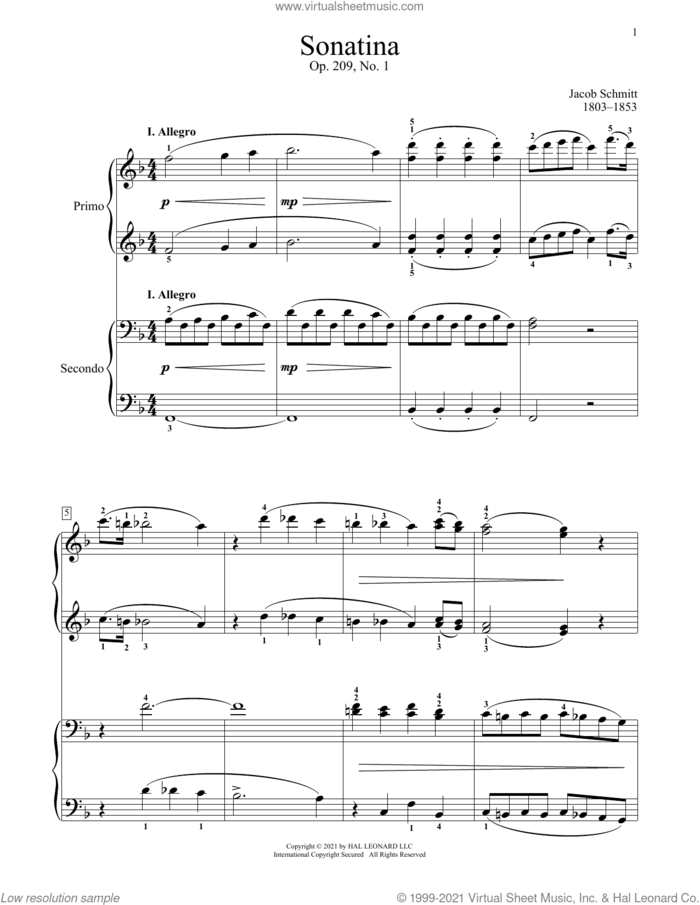 Sonatina, Op. 209, No. 1, I. Allegro sheet music for piano four hands by Jacob Schmitt, Bradley Beckman and Carolyn True, classical score, intermediate skill level