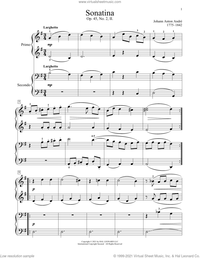 Sonatina, Op. 45, No. 2, II. Rondo sheet music for piano four hands by Johann Anton Andre, Bradley Beckman and Carolyn True, classical score, intermediate skill level