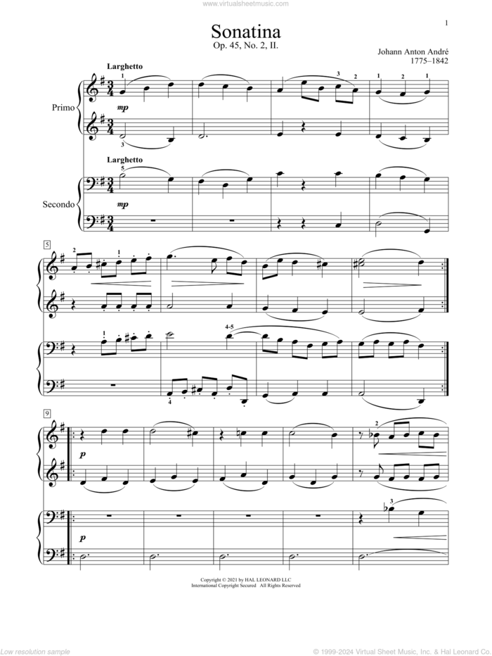 Sonatina, Op. 45, No. 2, II. Rondo sheet music for piano four hands by Johann Anton Andre, Bradley Beckman and Carolyn True, classical score, intermediate skill level