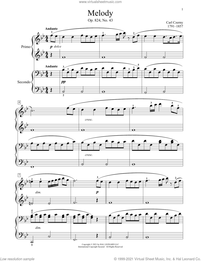Melody, Op. 824, No. 43 sheet music for piano four hands by Carl Czerny, Bradley Beckman and Carolyn True, classical score, intermediate skill level