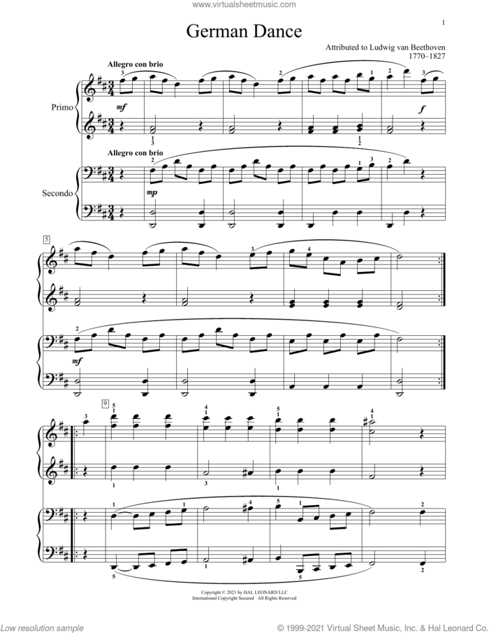 German Dance sheet music for piano four hands by Ludwig van Beethoven, Bradley Beckman and Carolyn True, classical score, intermediate skill level