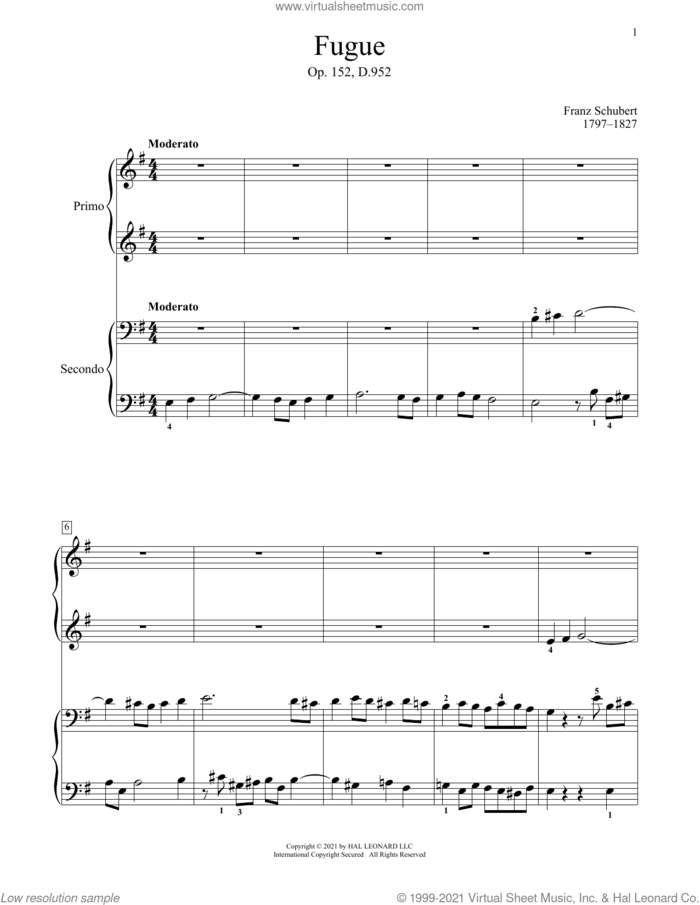 Fugue, Op. 152, D. 952 sheet music for piano four hands by Franz Schubert, Bradley Beckman and Carolyn True, classical score, intermediate skill level