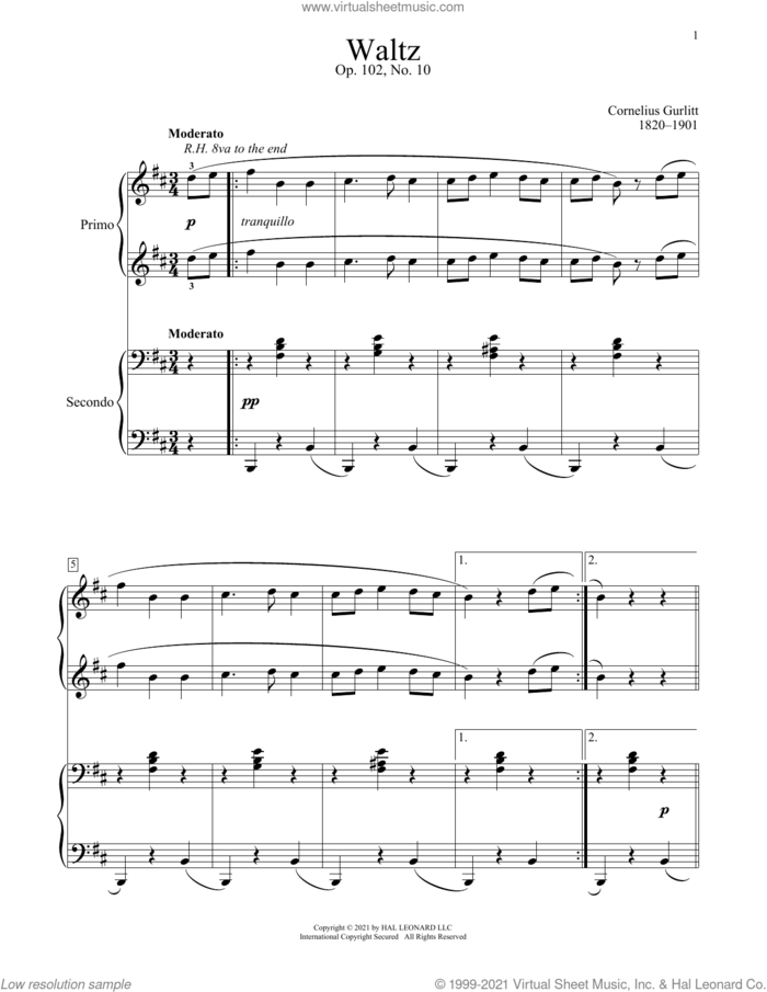 Waltz, Op. 102, No. 10 sheet music for piano four hands by Cornelius Gurlitt, Bradley Beckman and Carolyn True, classical score, intermediate skill level
