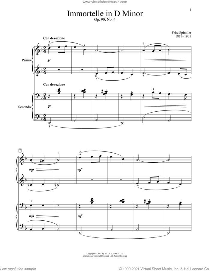Immortelle, Op. 90, No. 4 sheet music for piano four hands by Fritz Spindler, Bradley Beckman and Carolyn True, classical score, intermediate skill level