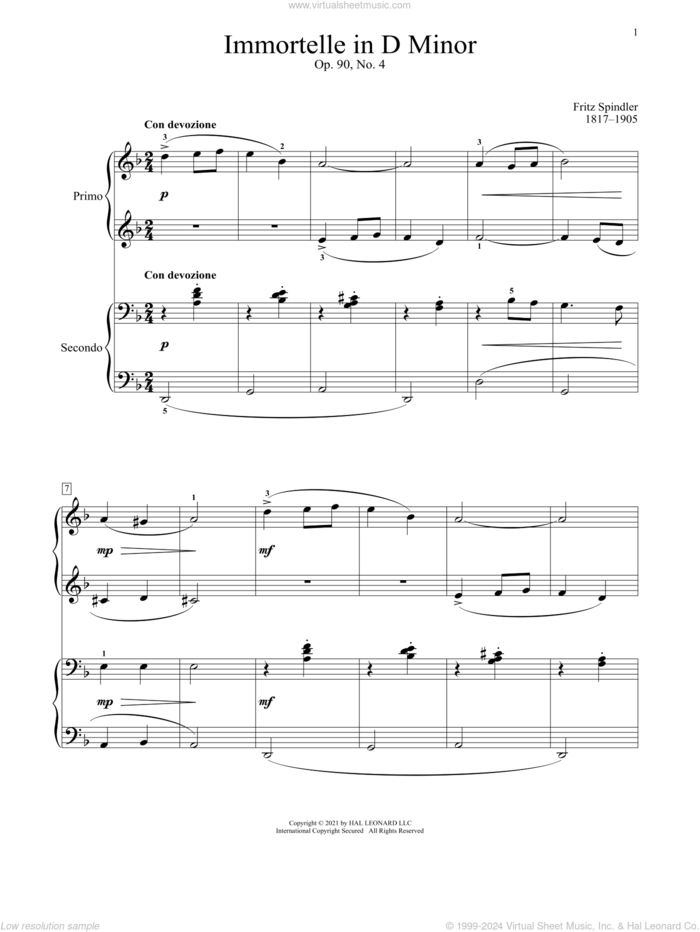 Immortelle, Op. 90, No. 4 sheet music for piano four hands by Fritz Spindler, Bradley Beckman and Carolyn True, classical score, intermediate skill level