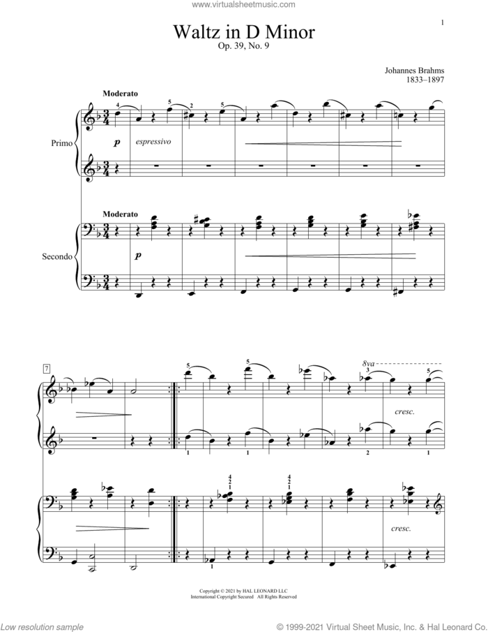 Waltz In D Minor, Op. 39, No. 9 sheet music for piano four hands by Johannes Brahms, Bradley Beckman and Carolyn True, classical score, intermediate skill level