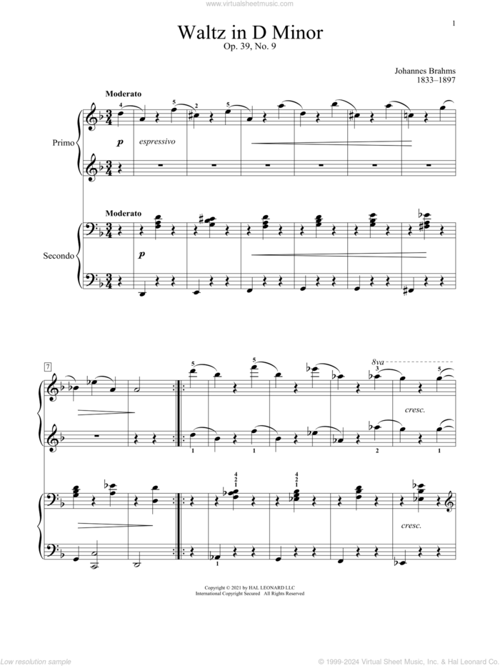 Waltz In D Minor, Op. 39, No. 9 sheet music for piano four hands by Johannes Brahms, Bradley Beckman and Carolyn True, classical score, intermediate skill level