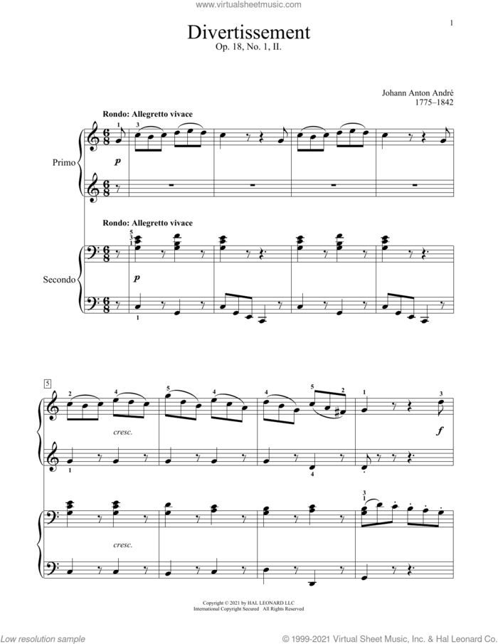 Divertissement, Op. 18, No. 1 (II. Rondo) sheet music for piano four hands by Johann Anton Andre, Bradley Beckman and Carolyn True, classical score, intermediate skill level