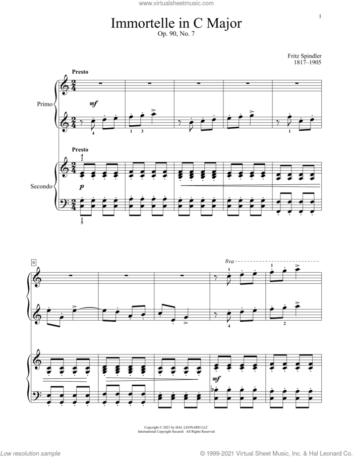 Immortelle, Op. 90, No. 7 sheet music for piano four hands by Fritz Spindler, Bradley Beckman and Carolyn True, classical score, intermediate skill level
