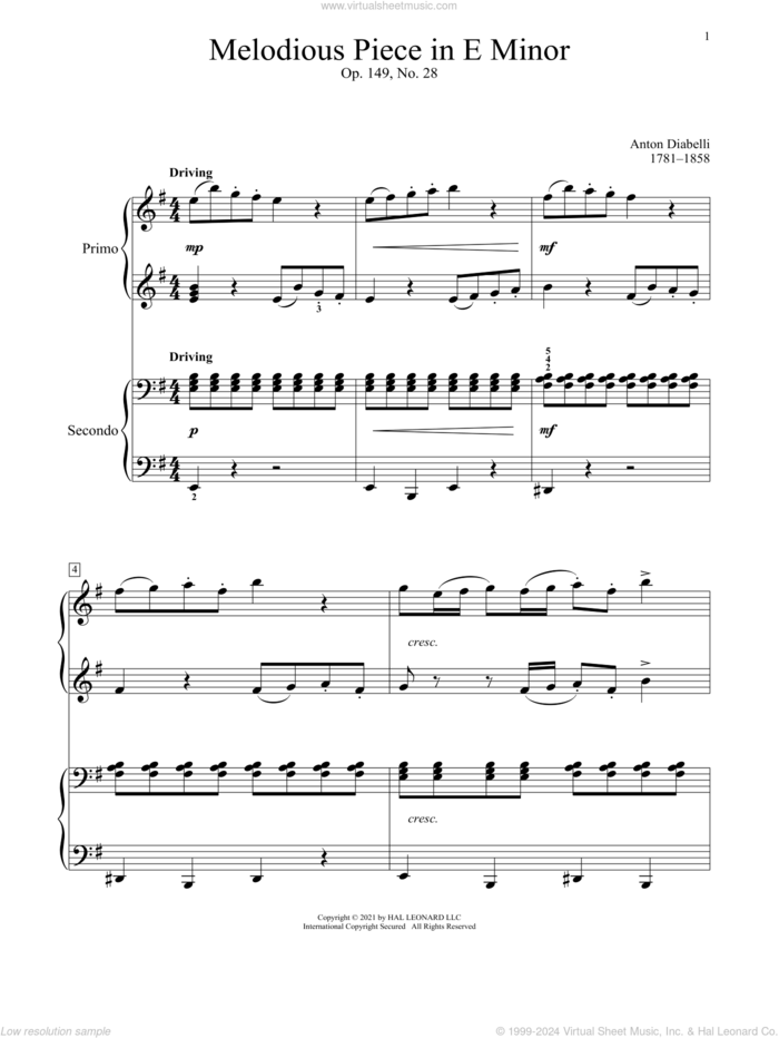 Melodious Piece In E Minor, Op. 149, No. 28 sheet music for piano four hands by Antonio Diabelli, Bradley Beckman and Carolyn True, classical score, intermediate skill level