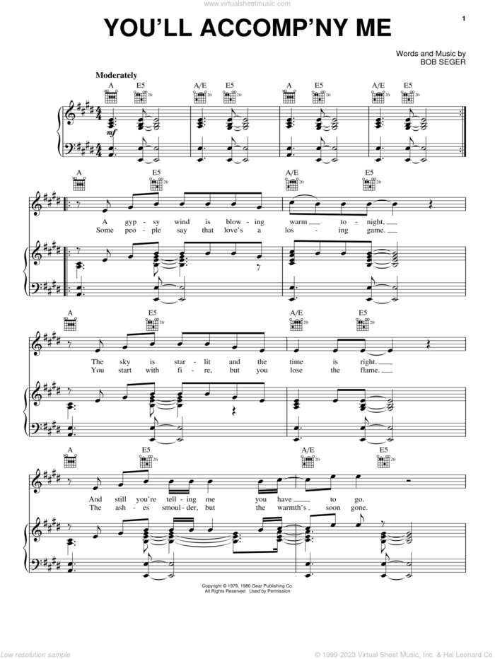 You'll Accomp'ny Me sheet music for voice, piano or guitar by Bob Seger, wedding score, intermediate skill level