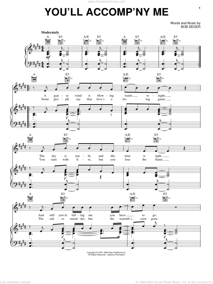 You'll Accomp'ny Me sheet music for voice, piano or guitar by Bob Seger, wedding score, intermediate skill level