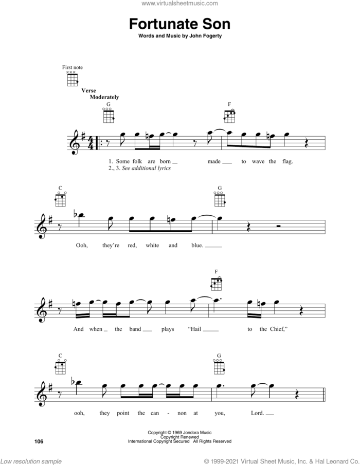 Fortunate Son sheet music for baritone ukulele solo by Creedence Clearwater Revival and John Fogerty, intermediate skill level