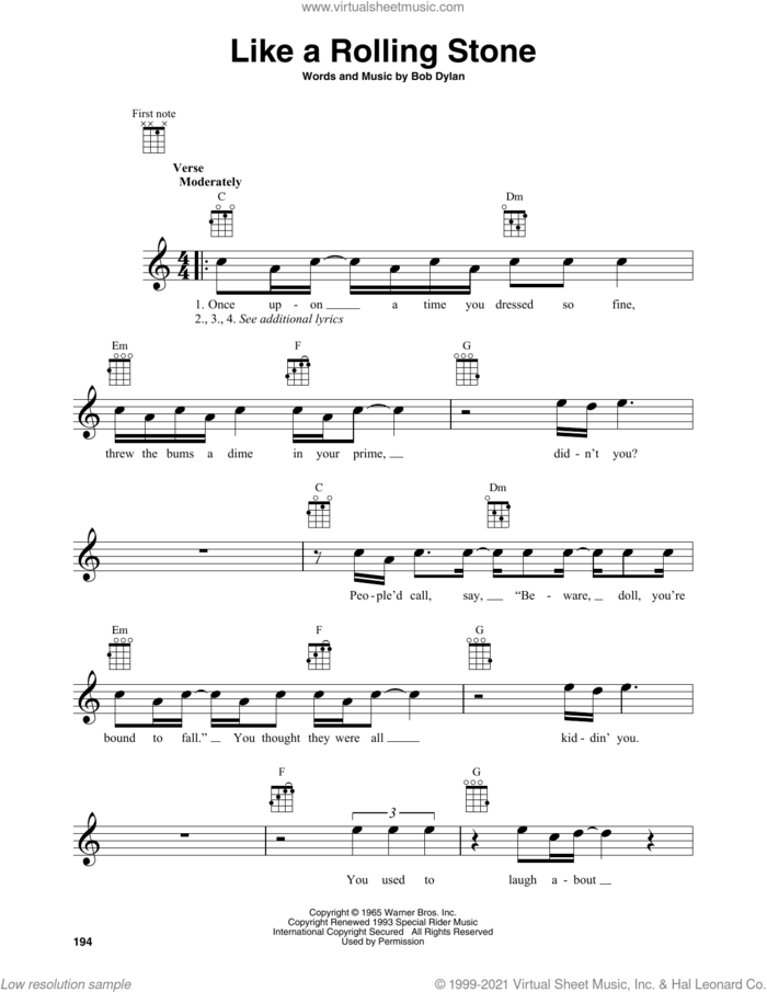 Like A Rolling Stone sheet music for baritone ukulele solo by Bob Dylan, intermediate skill level