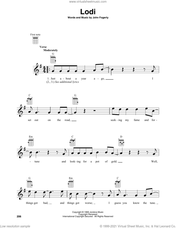 Lodi sheet music for baritone ukulele solo by Creedence Clearwater Revival and John Fogerty, intermediate skill level