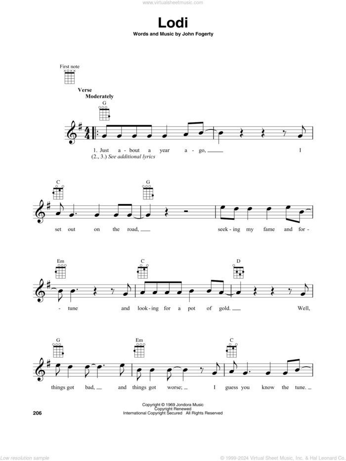 Lodi sheet music for baritone ukulele solo by Creedence Clearwater Revival and John Fogerty, intermediate skill level