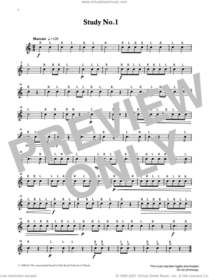 Study No.1 from Graded Music for Snare Drum, Book I sheet music for percussions by Ian Wright, Ian Wright and Kevin Hathaway and Kevin Hathway, classical score, intermediate skill level
