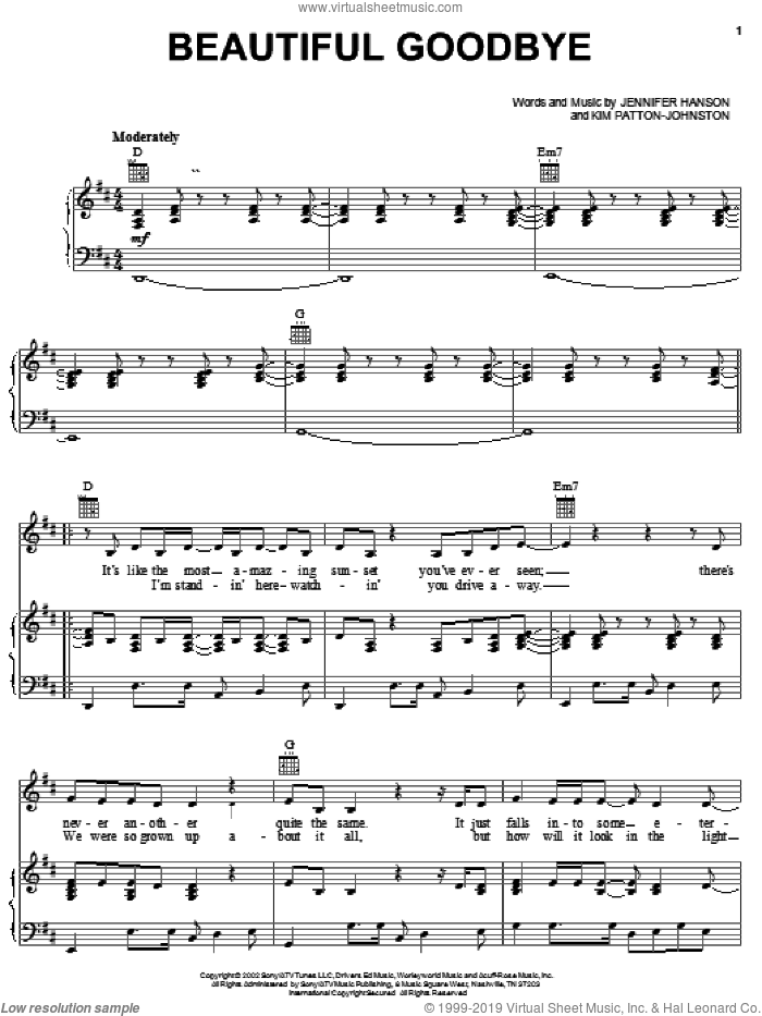 Beautiful Goodbye sheet music for voice, piano or guitar by Jennifer Hanson and Kim Patton-Johnston, intermediate skill level