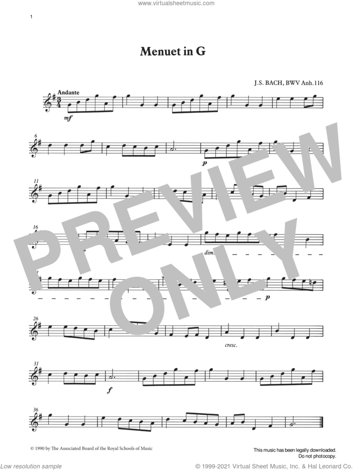Menuet in G (score and part) from Graded Music for Tuned Percussion, Book I sheet music for percussions by Johann Sebastian Bach, Ian Wright and Kevin Hathway, classical score, intermediate skill level