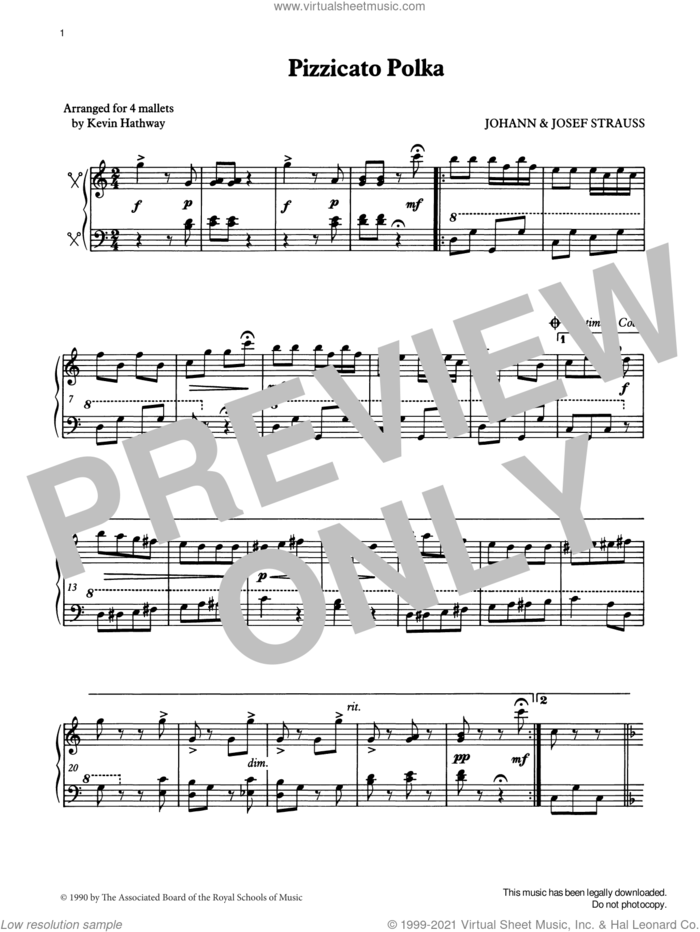 Pizzicato Polka from Graded Music for Tuned Percussion, Book IV sheet music for percussions by Johann Strauss, Jr., Ian Wright, Kevin Hathway and Josef Strauss, classical score, intermediate skill level