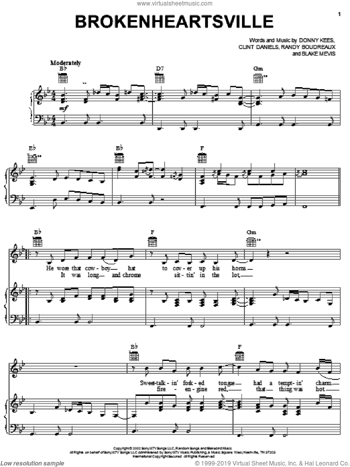 Brokenheartsville sheet music for voice, piano or guitar by Joe Nichols, Clint Daniels, Donny Kees and Randy Boudreaux, intermediate skill level