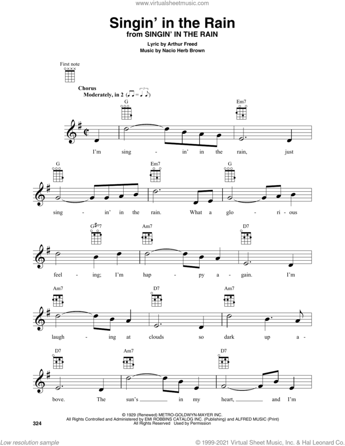 Singin' In The Rain sheet music for baritone ukulele solo by Gene Kelly, Arthur Freed and Nacio Herb Brown, intermediate skill level
