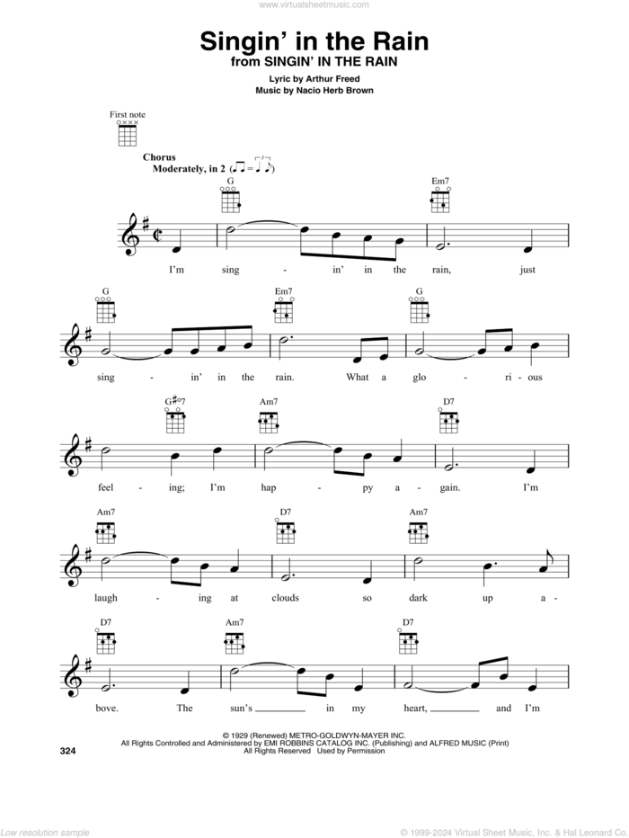 Singin' In The Rain sheet music for baritone ukulele solo by Gene Kelly, Arthur Freed and Nacio Herb Brown, intermediate skill level