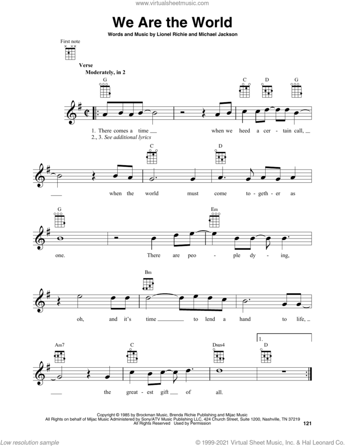 We Are The World sheet music for baritone ukulele solo by USA For Africa, Lionel Richie and Michael Jackson, intermediate skill level