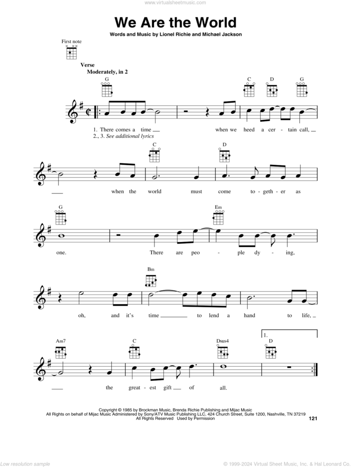 We Are The World sheet music for baritone ukulele solo by USA For Africa, Lionel Richie and Michael Jackson, intermediate skill level