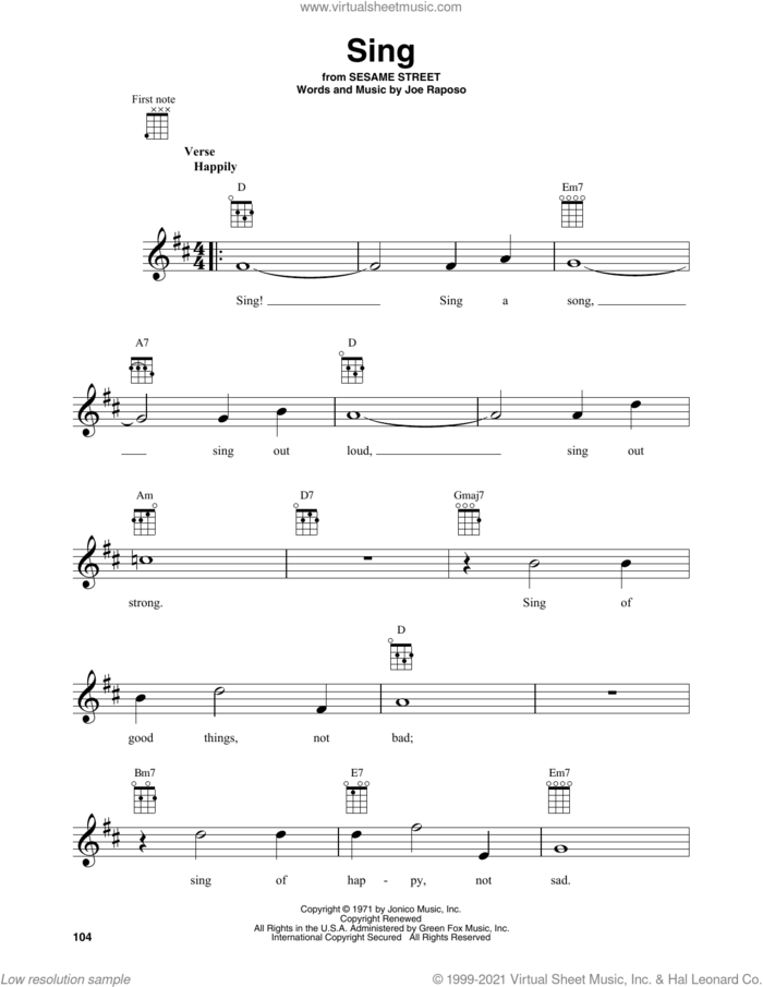 Sing sheet music for baritone ukulele solo by Joe Raposo and Carpenters, intermediate skill level
