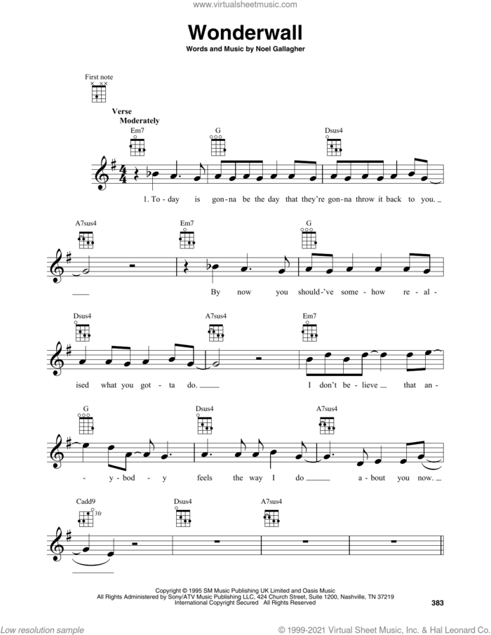 Wonderwall sheet music for baritone ukulele solo by Oasis and Noel Gallagher, intermediate skill level