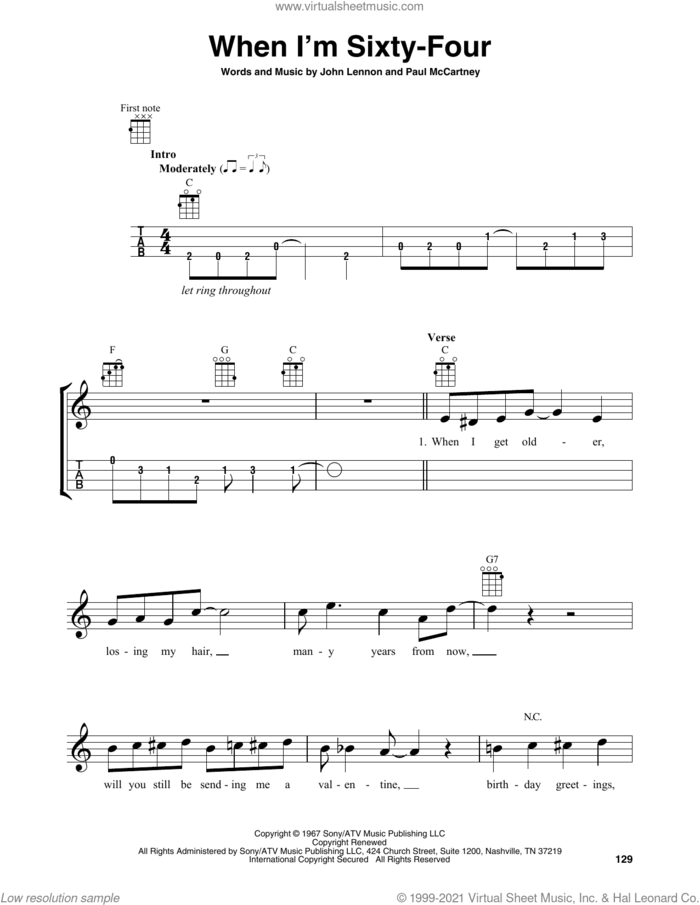 When I'm Sixty-Four sheet music for baritone ukulele solo by The Beatles, John Lennon and Paul McCartney, intermediate skill level