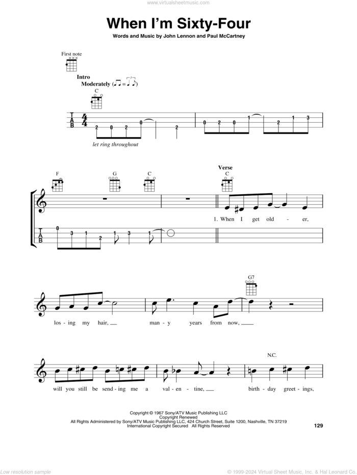 When I'm Sixty-Four sheet music for baritone ukulele solo by The Beatles, John Lennon and Paul McCartney, intermediate skill level