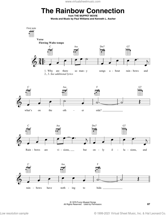 The Rainbow Connection sheet music for baritone ukulele solo by Paul Williams and Kenneth L. Ascher, intermediate skill level