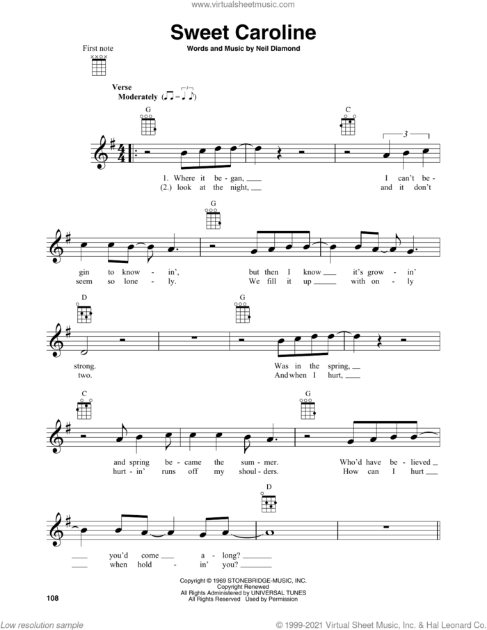 Sweet Caroline sheet music for baritone ukulele solo by Neil Diamond, intermediate skill level