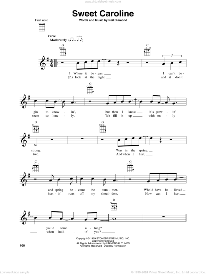 Sweet Caroline sheet music for baritone ukulele solo by Neil Diamond, intermediate skill level