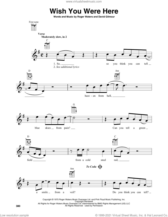 Wish You Were Here sheet music for baritone ukulele solo by Pink Floyd, David Gilmour and Roger Waters, intermediate skill level